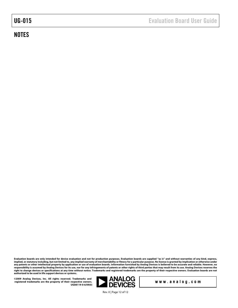 Notes, Ug-015 evaluation board user guide | Analog Devices ADXL345 User Manual | Page 12 / 12