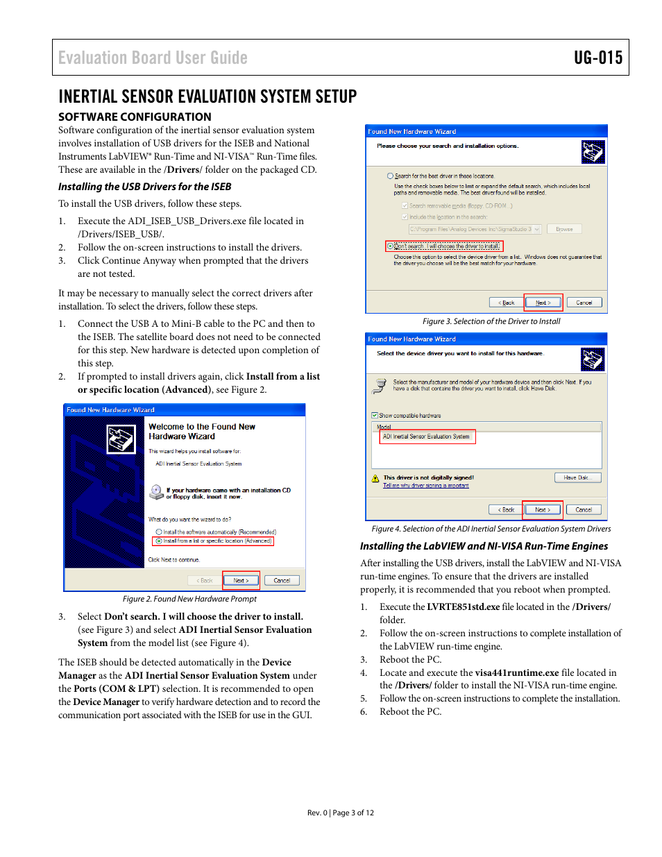 Inertial sensor evaluation system setup, Software configuration, Installing the usb drivers for the iseb | Evaluation board user guide ug-015 | Analog Devices ADXL345 User Manual | Page 3 / 12