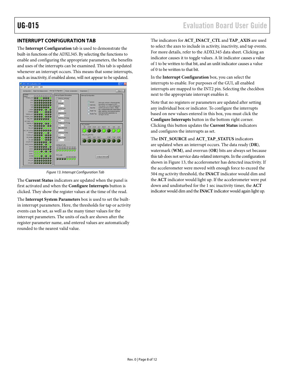 Interrupt configuration tab, Ug-015 evaluation board user guide | Analog Devices ADXL345 User Manual | Page 8 / 12