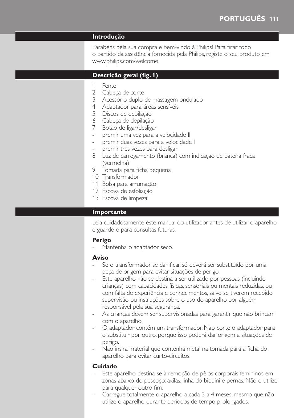 Português | Philips SatinSoft Epilierer User Manual | Page 111 / 146