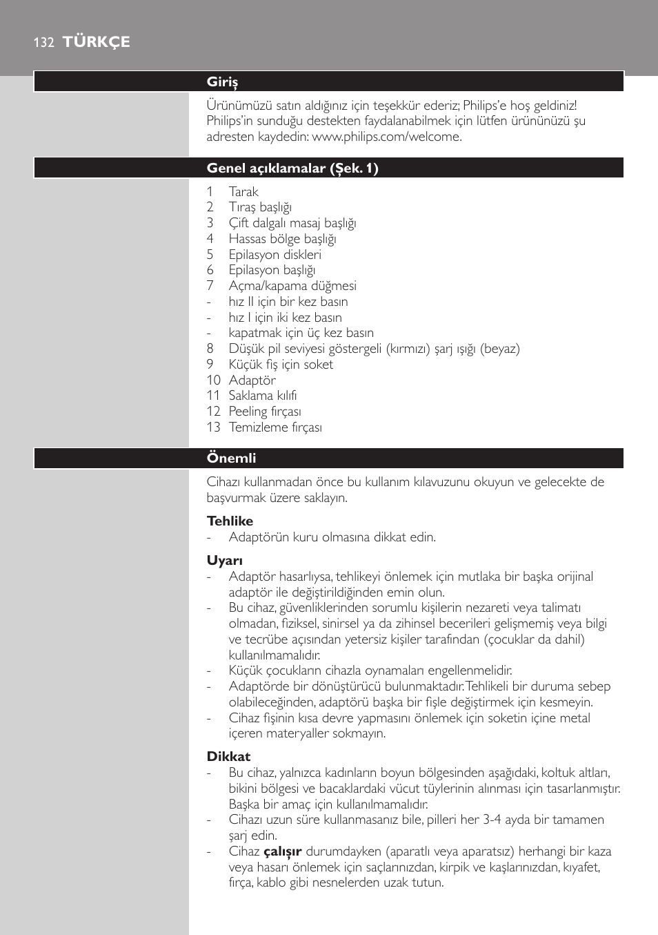 Türkçe, Türkçe 13 | Philips SatinSoft Epilierer User Manual | Page 132 / 146