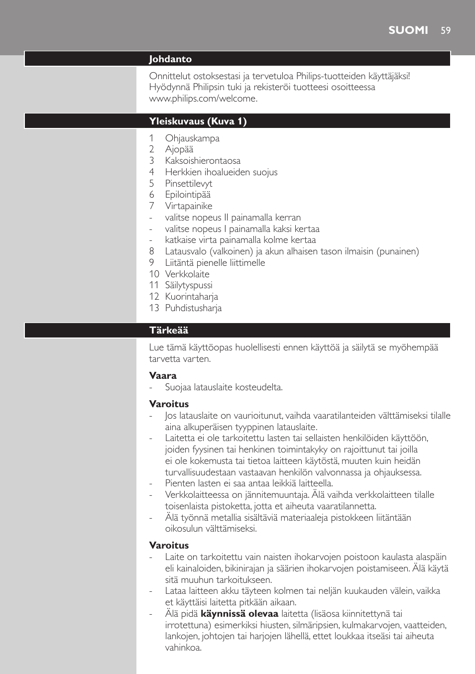 Suomi | Philips SatinSoft Epilierer User Manual | Page 59 / 146