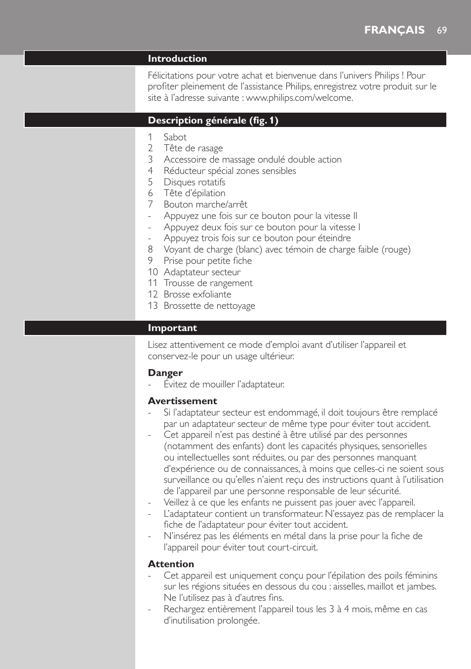 Français, Français 69 | Philips SatinSoft Epilierer User Manual | Page 69 / 146