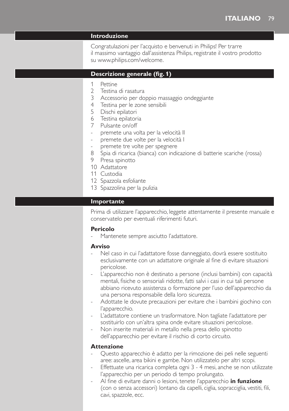Italiano | Philips SatinSoft Epilierer User Manual | Page 79 / 146