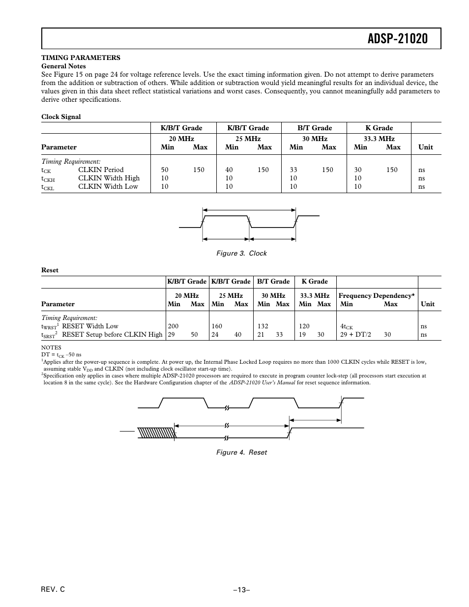 Timing parameters, Clock, Reset | Analog Devices ADSP-21020 User Manual | Page 13 / 32