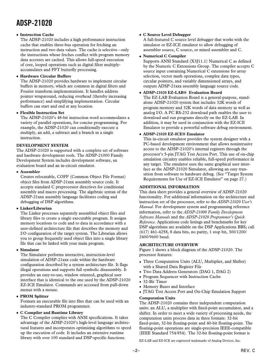 Development system, Additional information, Architecture overview | Analog Devices ADSP-21020 User Manual | Page 2 / 32