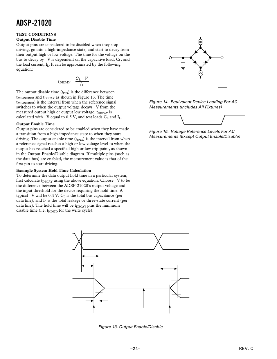 Test conditions, Voltage reference levels for ac measurements, Output enable/disable | Analog Devices ADSP-21020 User Manual | Page 24 / 32