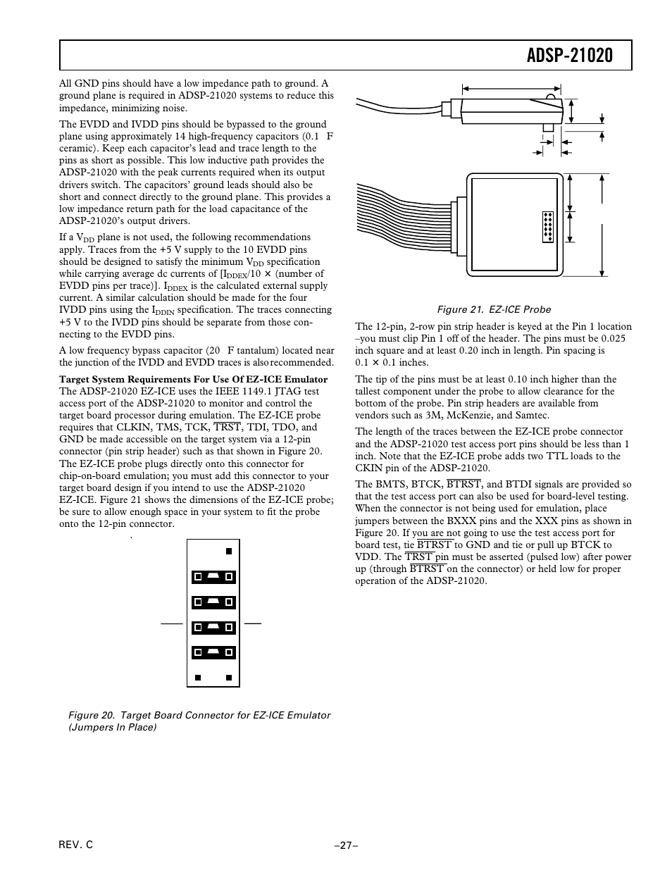Ez-ice probe, Target board connector for ez-ice emulator | Analog Devices ADSP-21020 User Manual | Page 27 / 32