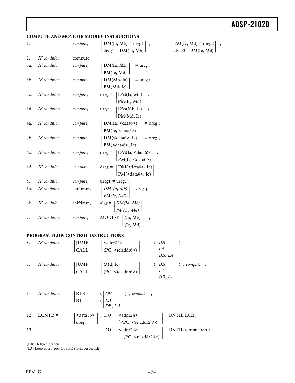 Compute and move or modify instructions, Program flow control instructions | Analog Devices ADSP-21020 User Manual | Page 7 / 32