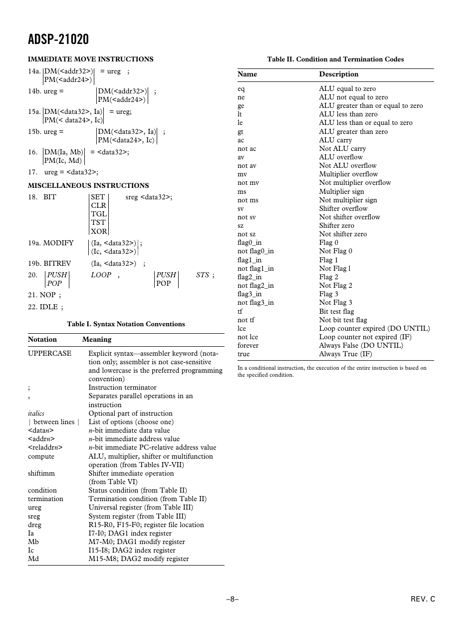 Immediate move instructions, Miscellaneous instructions | Analog Devices ADSP-21020 User Manual | Page 8 / 32