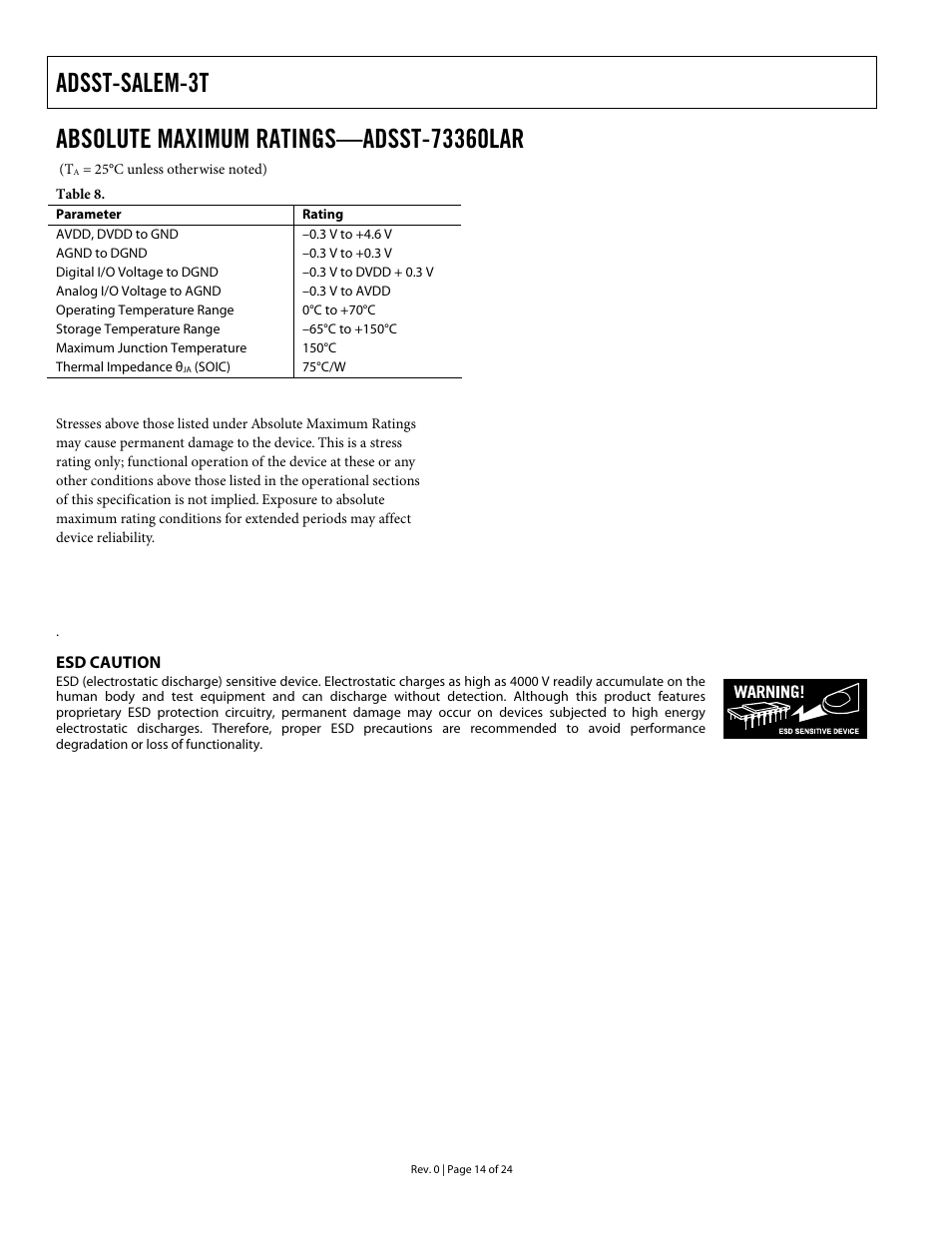 Absolute maximum ratings—adsst-73360lar, Esd caution, Adsst-salem-3t | Analog Devices ADSST-EM-3040 User Manual | Page 14 / 24
