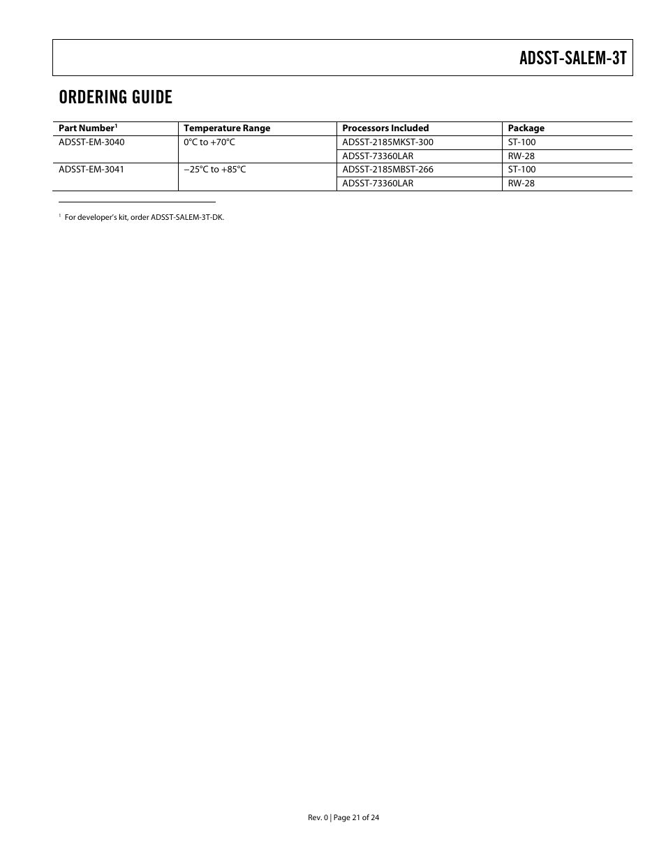 Ordering guide, Adsst-salem-3t | Analog Devices ADSST-EM-3040 User Manual | Page 21 / 24