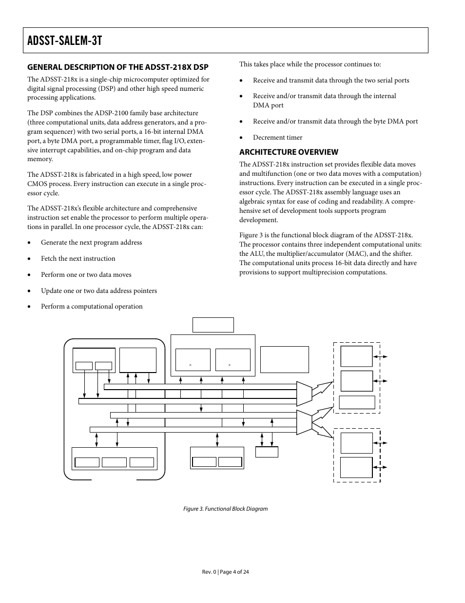 General description of the adsst-218x dsp, Architecture overview, Adsst-salem-3t | Analog Devices ADSST-EM-3040 User Manual | Page 4 / 24