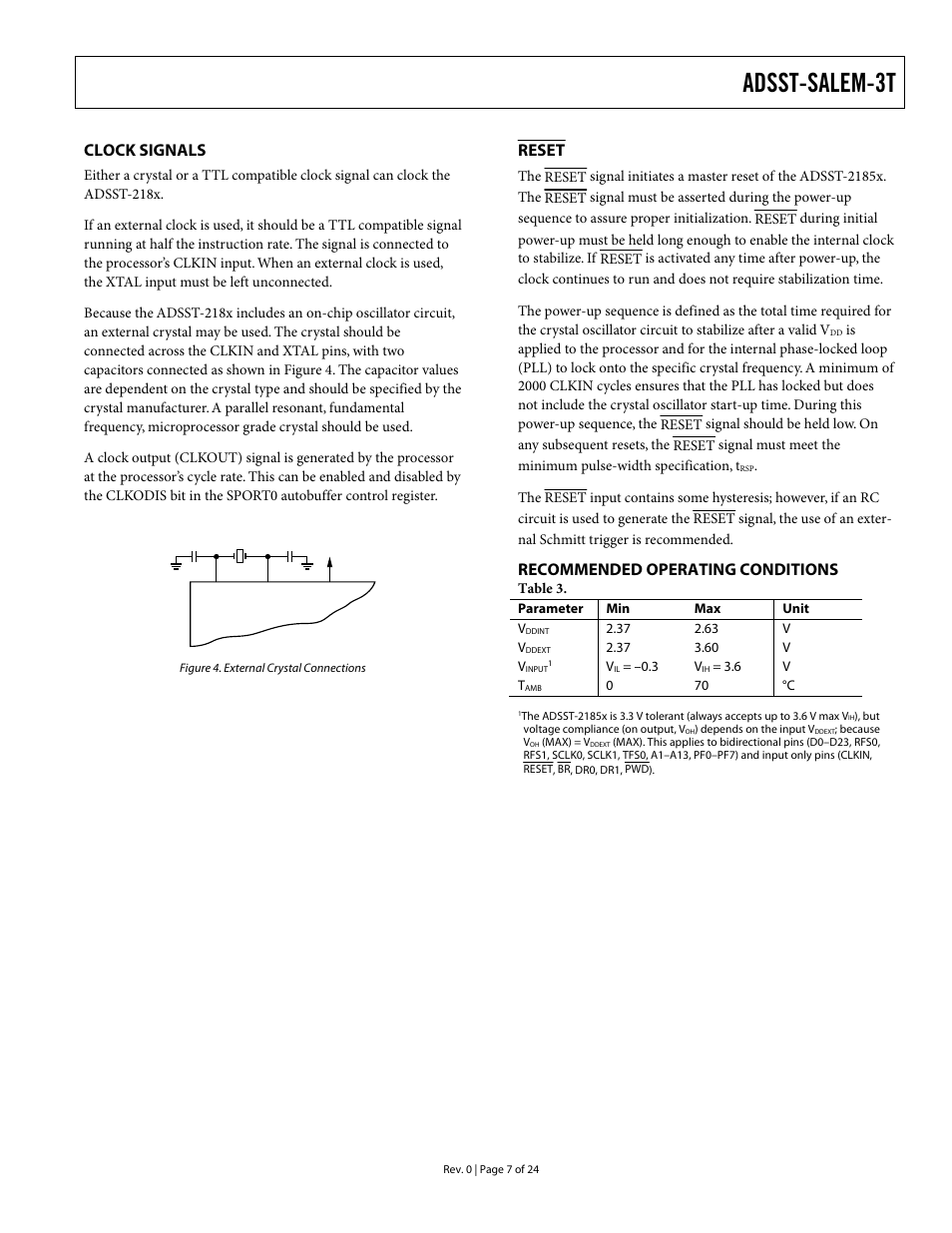 Clock signals, Recommended operating conditions, Reset | Adsst-salem-3t | Analog Devices ADSST-EM-3040 User Manual | Page 7 / 24