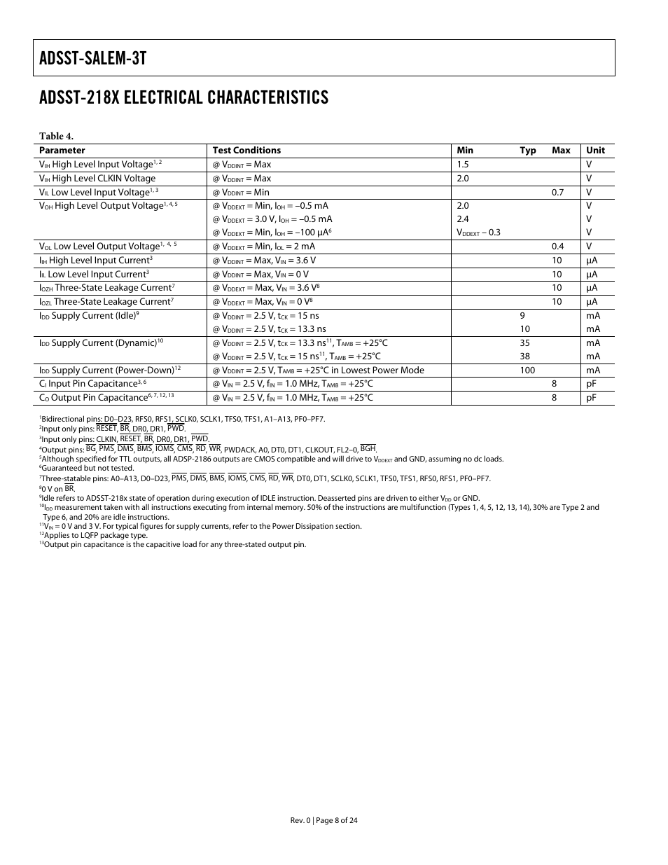 Adsst-218x electrical characteristics, Adsst-salem-3t | Analog Devices ADSST-EM-3040 User Manual | Page 8 / 24