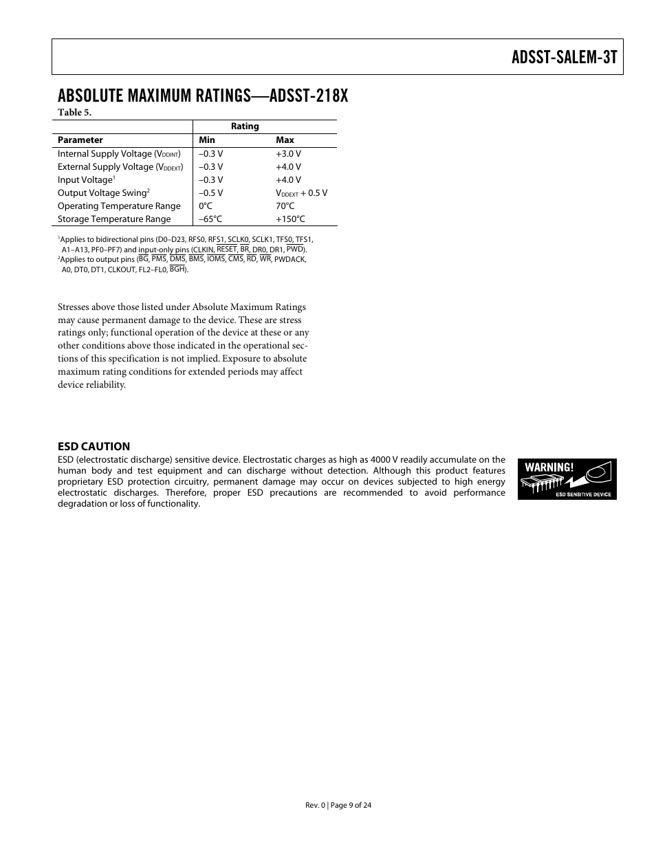 Absolute maximum ratings—adsst-218x, Esd caution, Adsst-salem-3t | Analog Devices ADSST-EM-3040 User Manual | Page 9 / 24