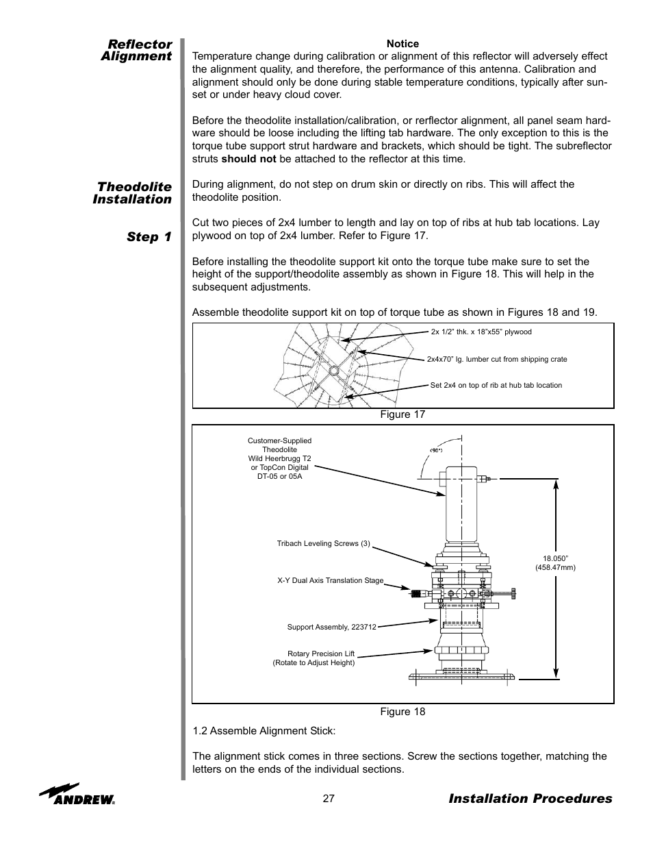 Reflector alignment theodolite installation step 1, Installation procedures | Andrew ES76PK-1 User Manual | Page 25 / 52