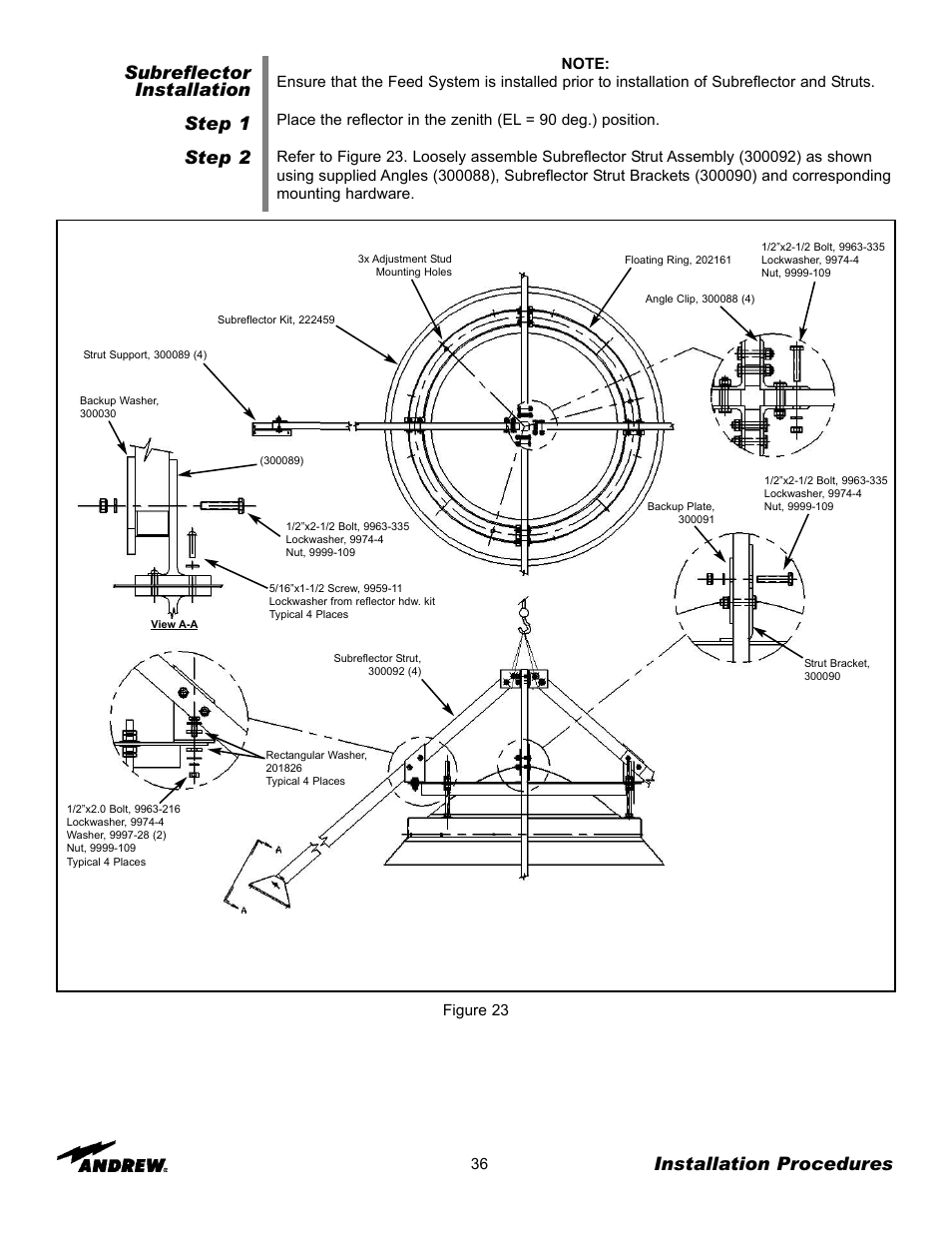 Subreflector installation step 1 step 2, Installation procedures | Andrew ES76PK-1 User Manual | Page 34 / 52