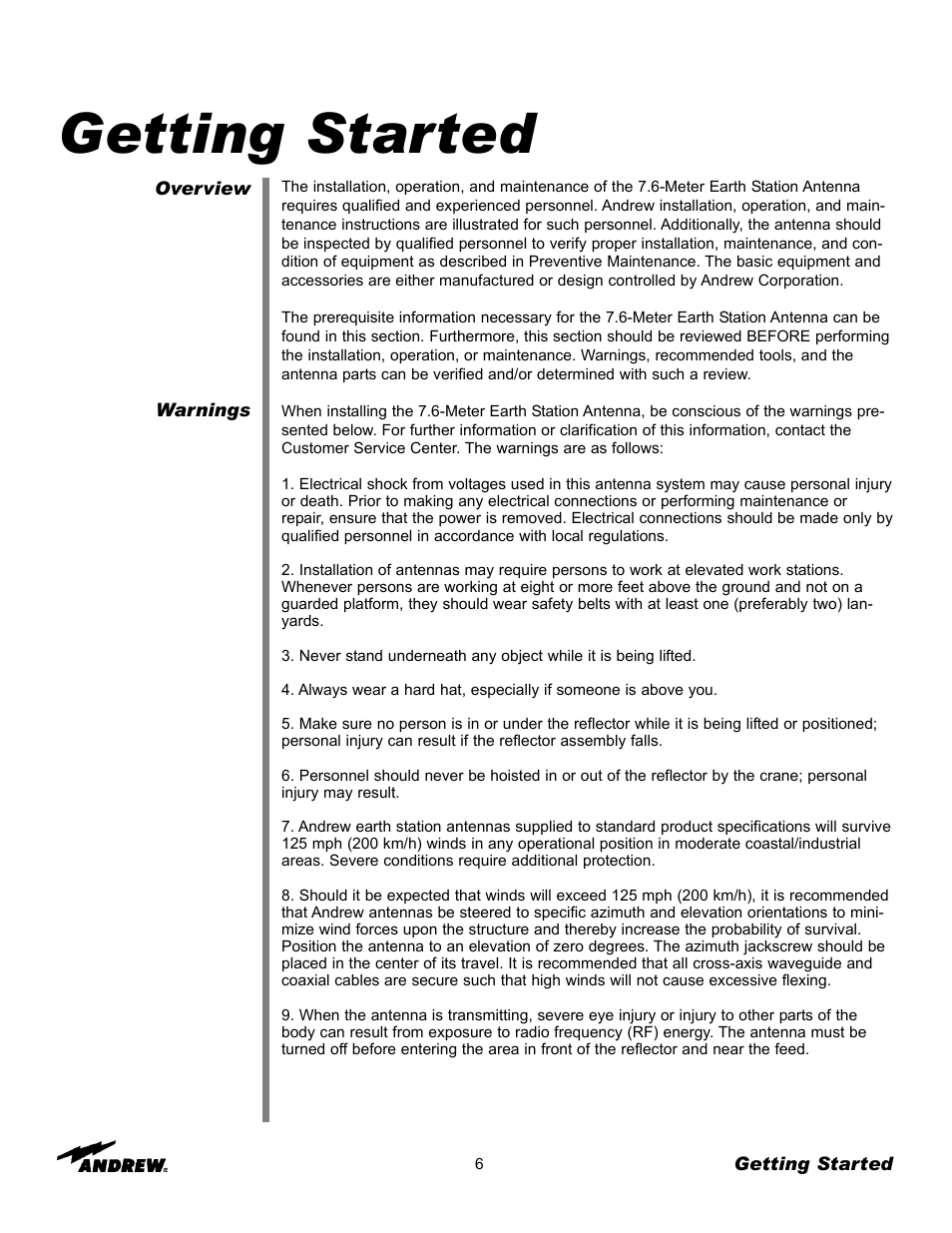 Getting started | Andrew ES76PK-1 User Manual | Page 6 / 52