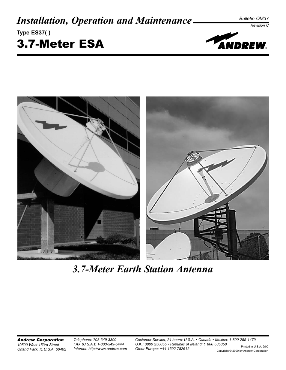 Andrew 3.7-Meter Earth Station Antenna User Manual | 86 pages