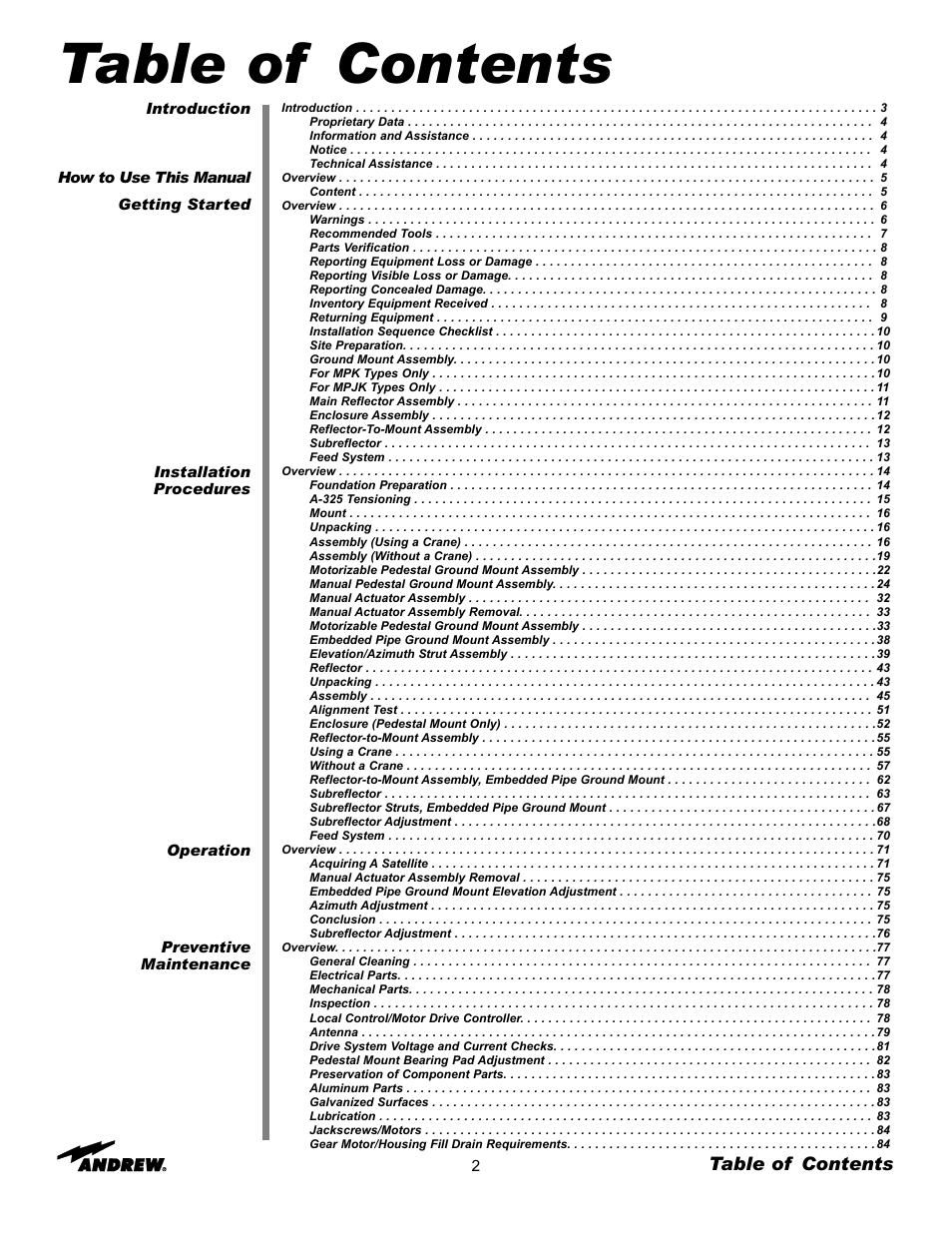 Andrew 3.7-Meter Earth Station Antenna User Manual | Page 2 / 86