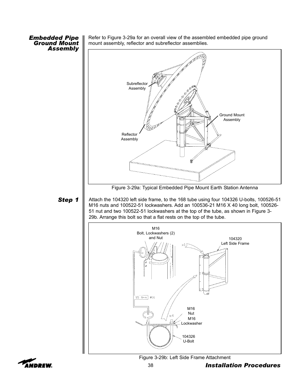Embedded pipe ground mount assembly step 1, Installation procedures | Andrew 3.7-Meter Earth Station Antenna User Manual | Page 38 / 86