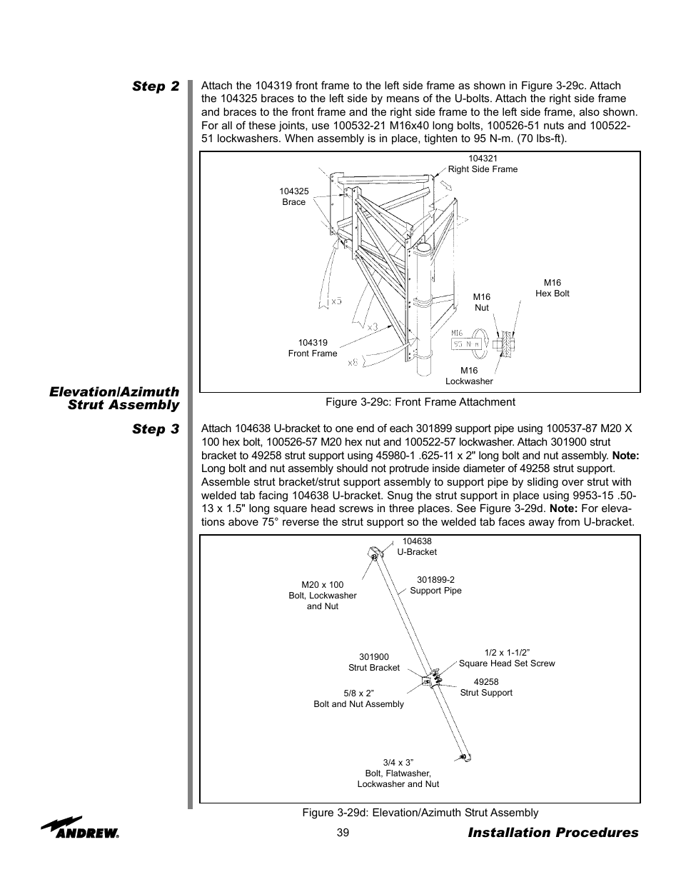 Step 2 elevation/azimuth strut assembly step 3, Installation procedures | Andrew 3.7-Meter Earth Station Antenna User Manual | Page 39 / 86