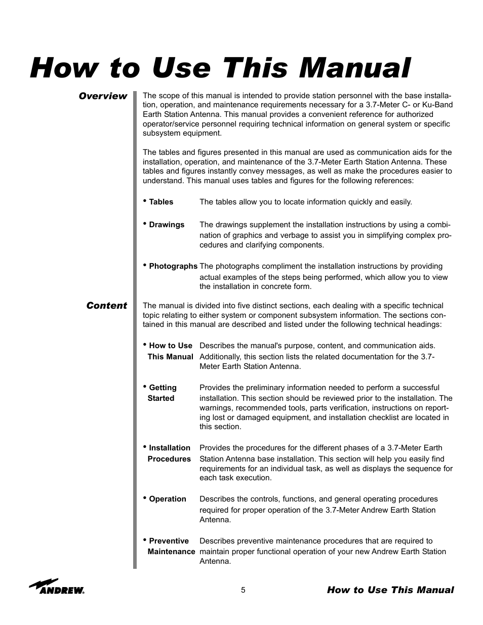 How to use this manual | Andrew 3.7-Meter Earth Station Antenna User Manual | Page 5 / 86