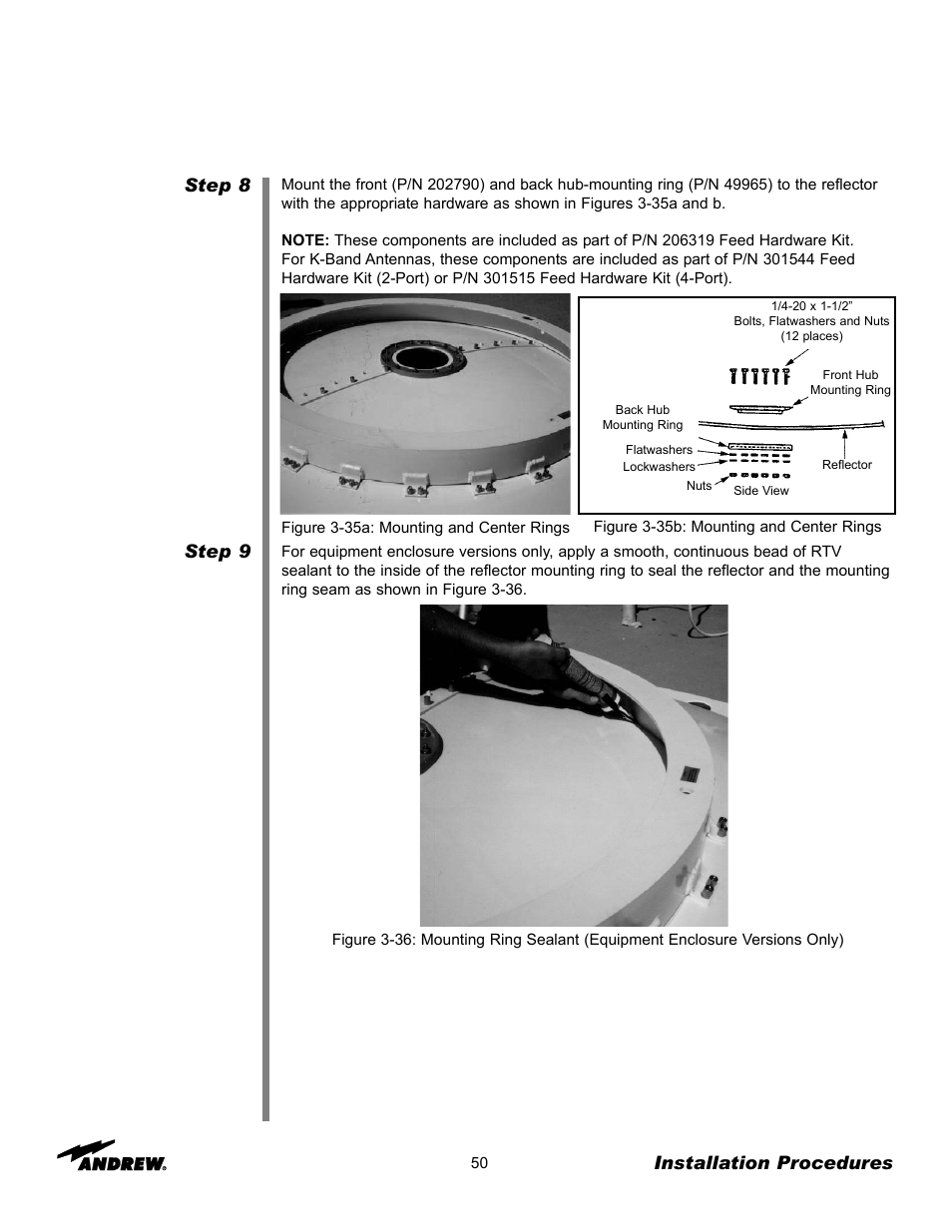 Step 8 step 9, Installation procedures | Andrew 3.7-Meter Earth Station Antenna User Manual | Page 50 / 86
