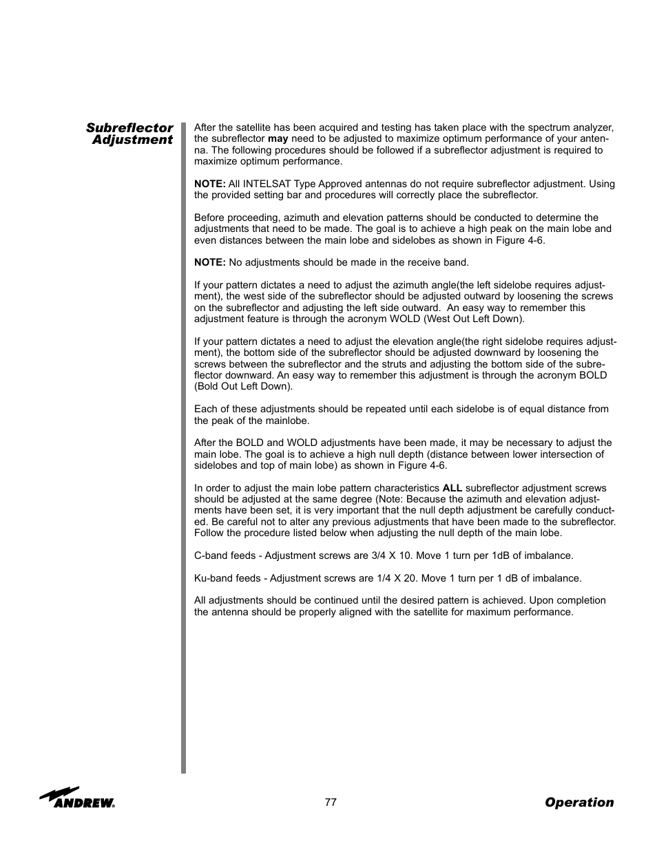 Subreflector adjustment, Operation | Andrew 3.7-Meter Earth Station Antenna User Manual | Page 77 / 86