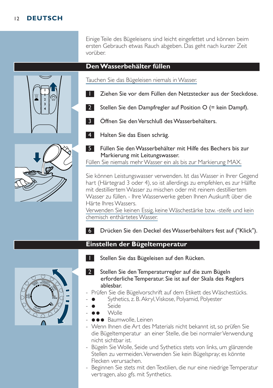 Den wasserbehälter füllen, Einstellen der bügeltemperatur, Deutsch | 1stellen sie das bügeleisen auf den rücken | Philips Dampfbügeleisen User Manual | Page 12 / 44