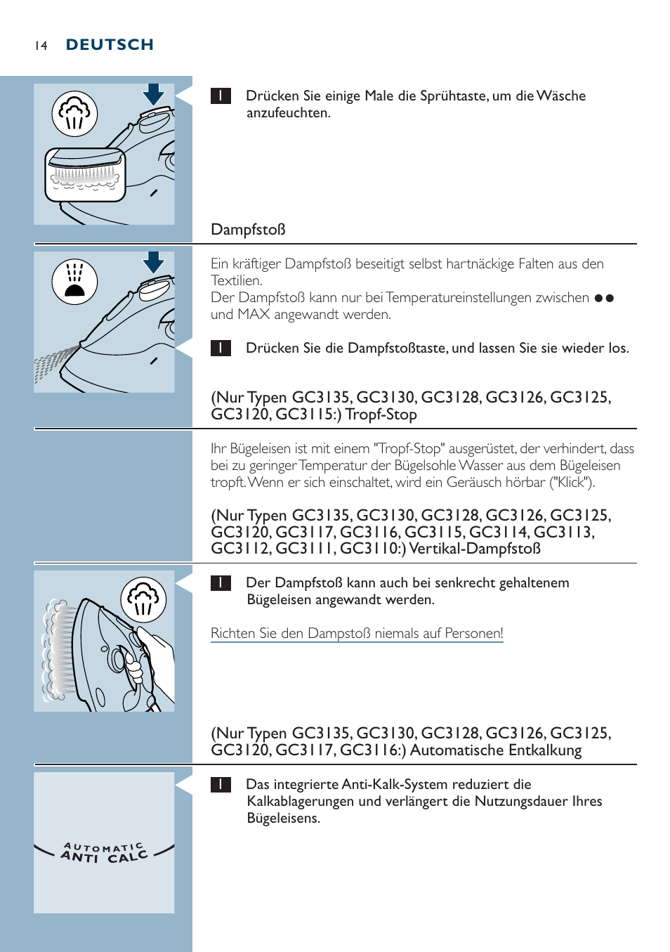 Philips Dampfbügeleisen User Manual | Page 14 / 44