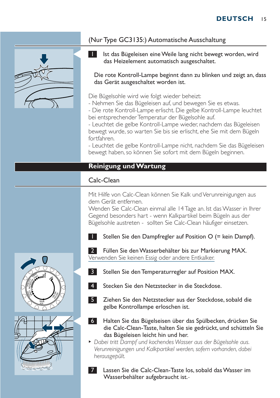 Nur type gc3135:) automatische ausschaltung, Reinigung und wartung calc-clean, Deutsch | Philips Dampfbügeleisen User Manual | Page 15 / 44