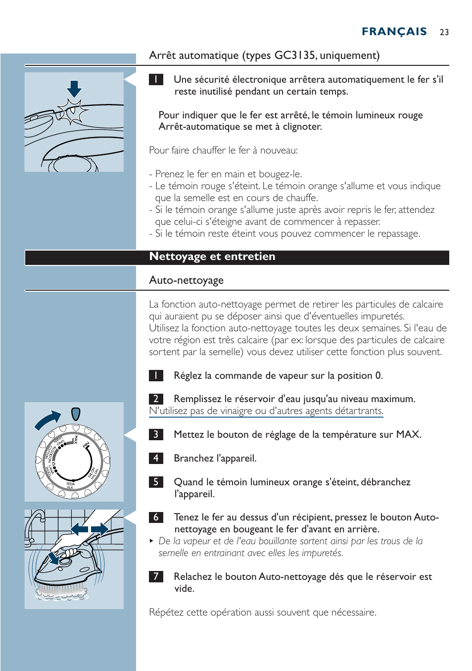 Arrêt automatique (types gc3135, uniquement), Nettoyage et entretien auto-nettoyage, Français | Philips Dampfbügeleisen User Manual | Page 23 / 44