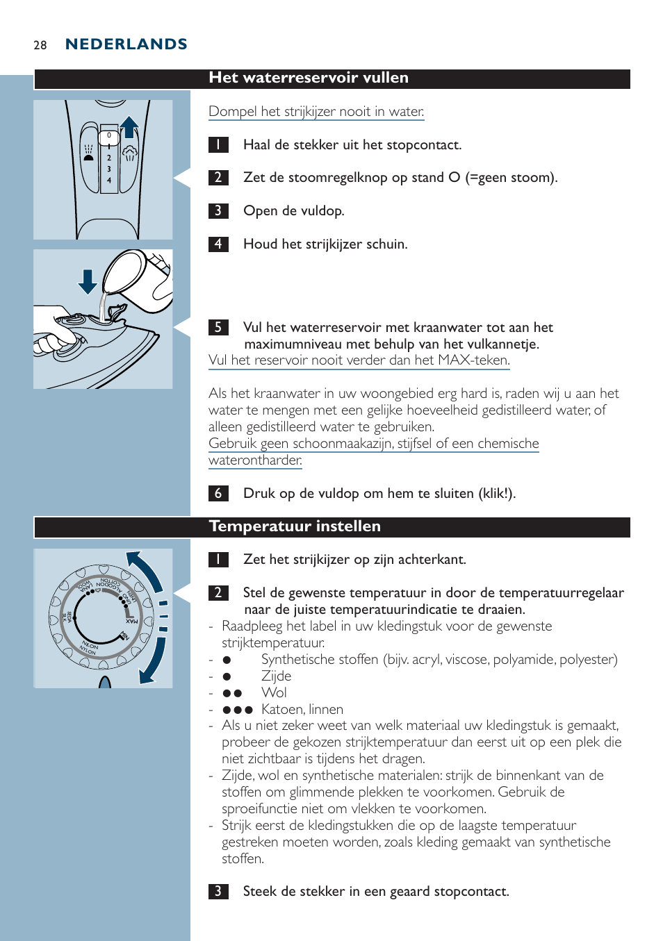 Het waterreservoir vullen, Temperatuur instellen, Nederlands | 1zet het strijkijzer op zijn achterkant | Philips Dampfbügeleisen User Manual | Page 28 / 44