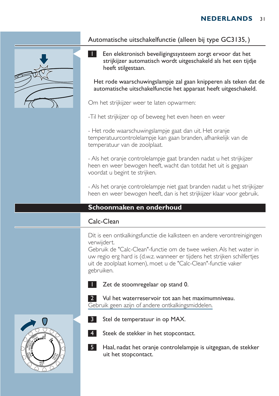 Schoonmaken en onderhoud calc-clean, Nederlands | Philips Dampfbügeleisen User Manual | Page 31 / 44