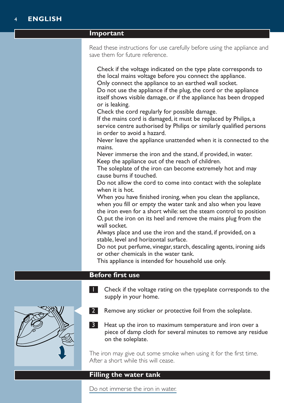 Philips Dampfbügeleisen User Manual | Page 4 / 44