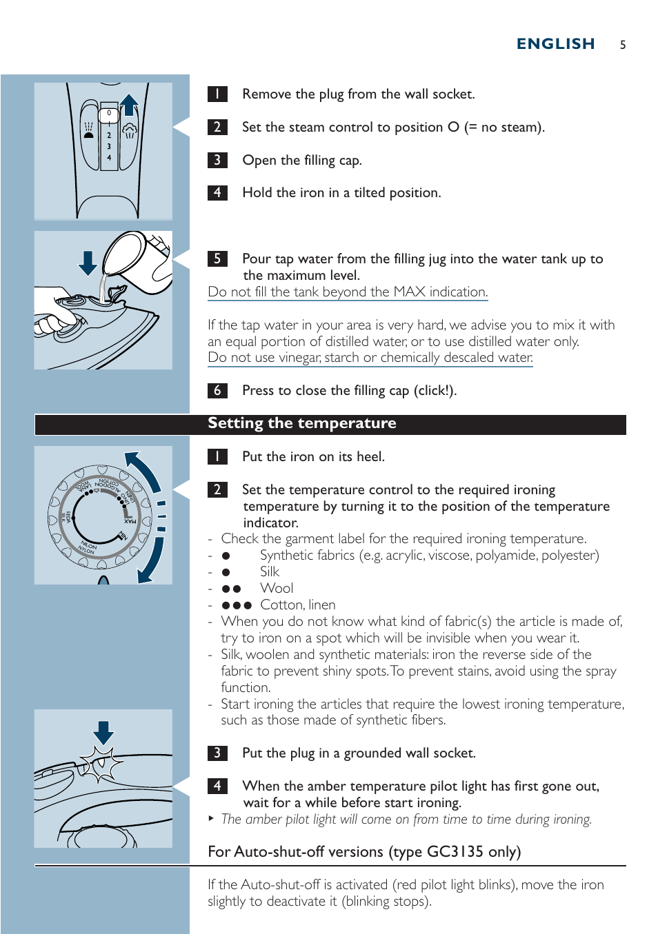 Setting the temperature, For auto-shut-off versions (type gc3135 only), English | 1remove the plug from the wall socket, 1put the iron on its heel | Philips Dampfbügeleisen User Manual | Page 5 / 44