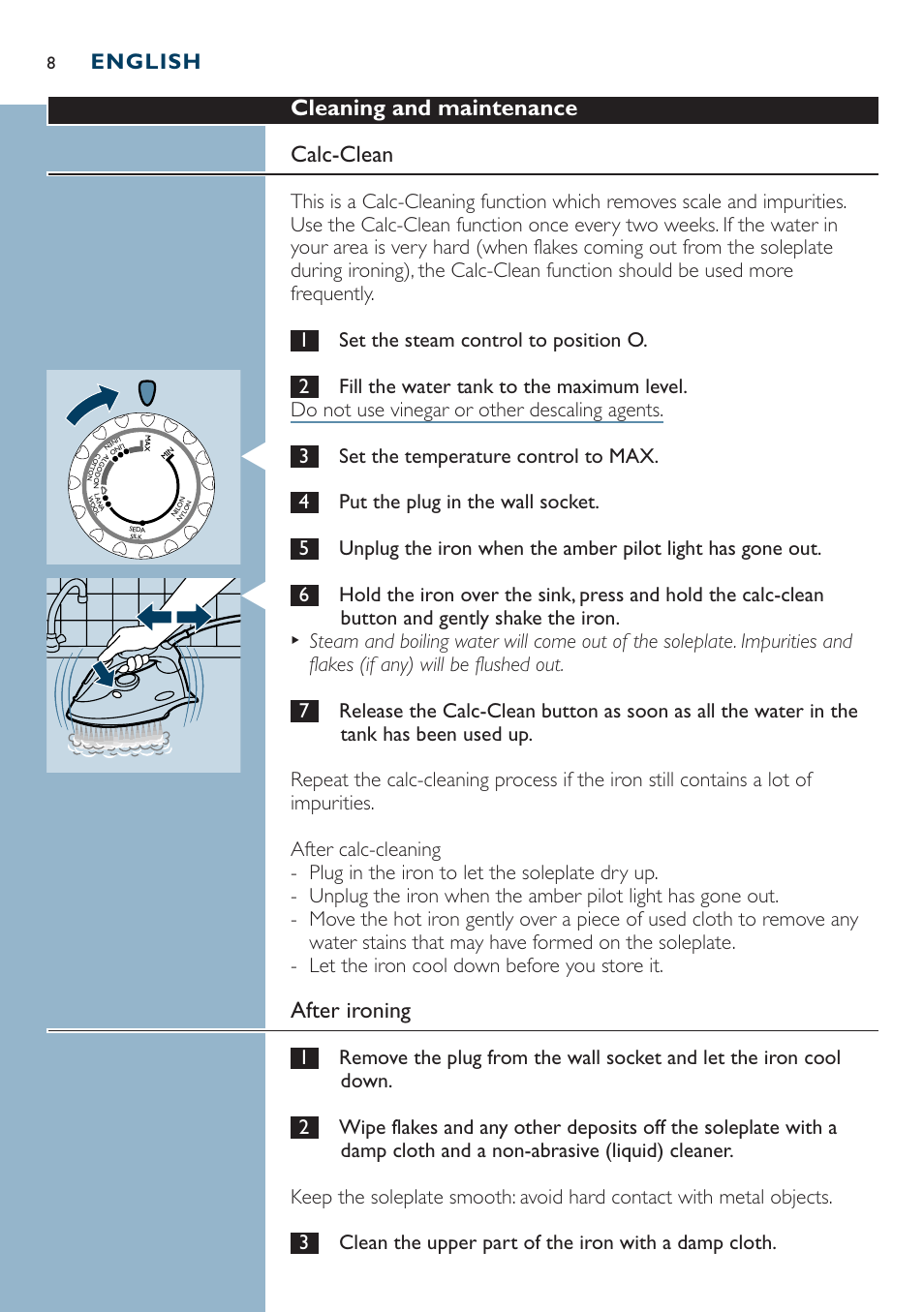 Cleaning and maintenance calc-clean, After ironing, English | Philips Dampfbügeleisen User Manual | Page 8 / 44