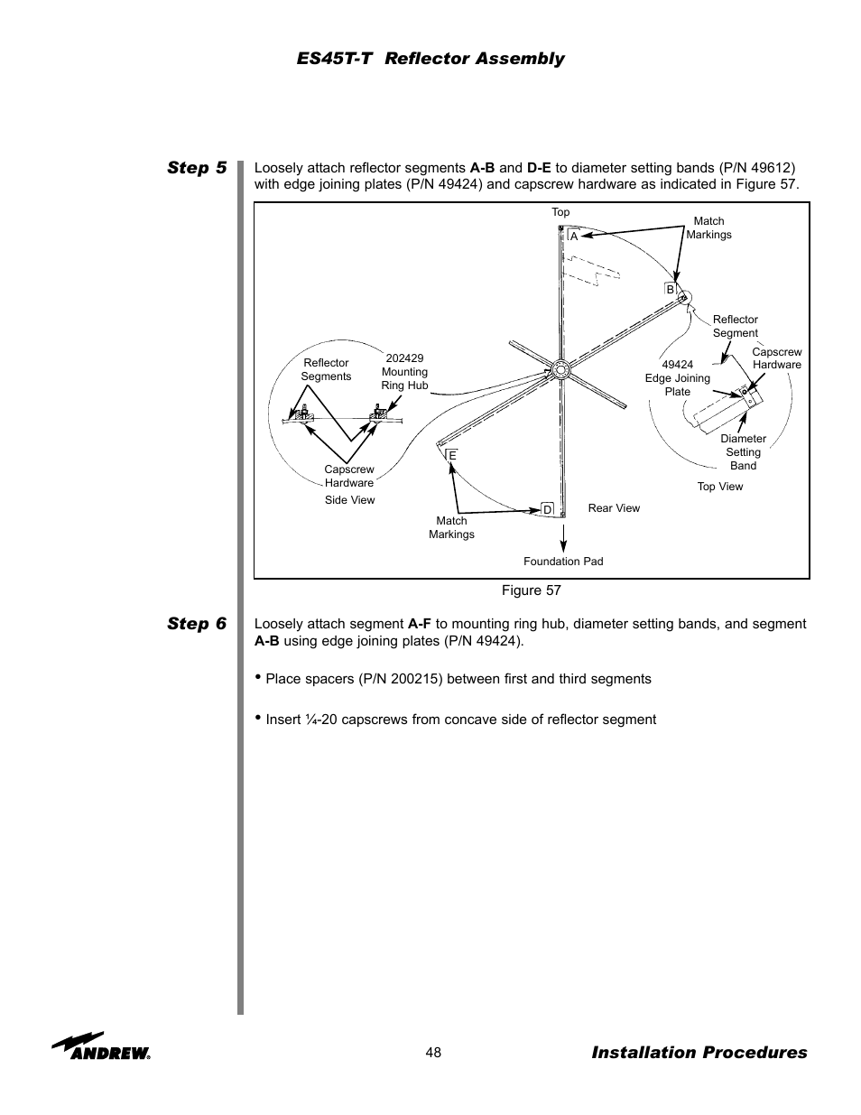 Step 5 step 6, Installation procedures, Es45t-t reflector assembly | Andrew ES45T User Manual | Page 48 / 81