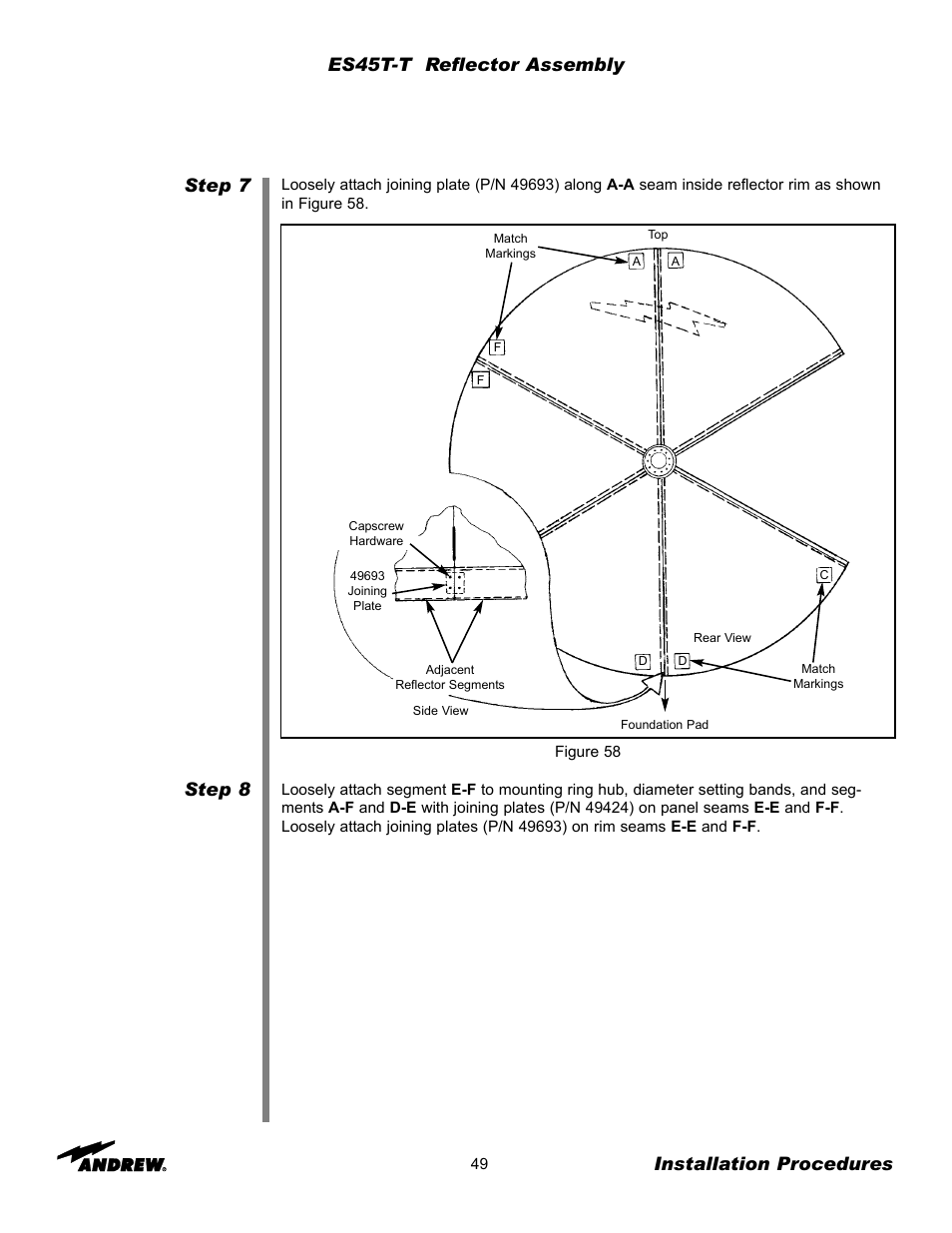 Step 7 step 8, Installation procedures, Es45t-t reflector assembly | Andrew ES45T User Manual | Page 49 / 81