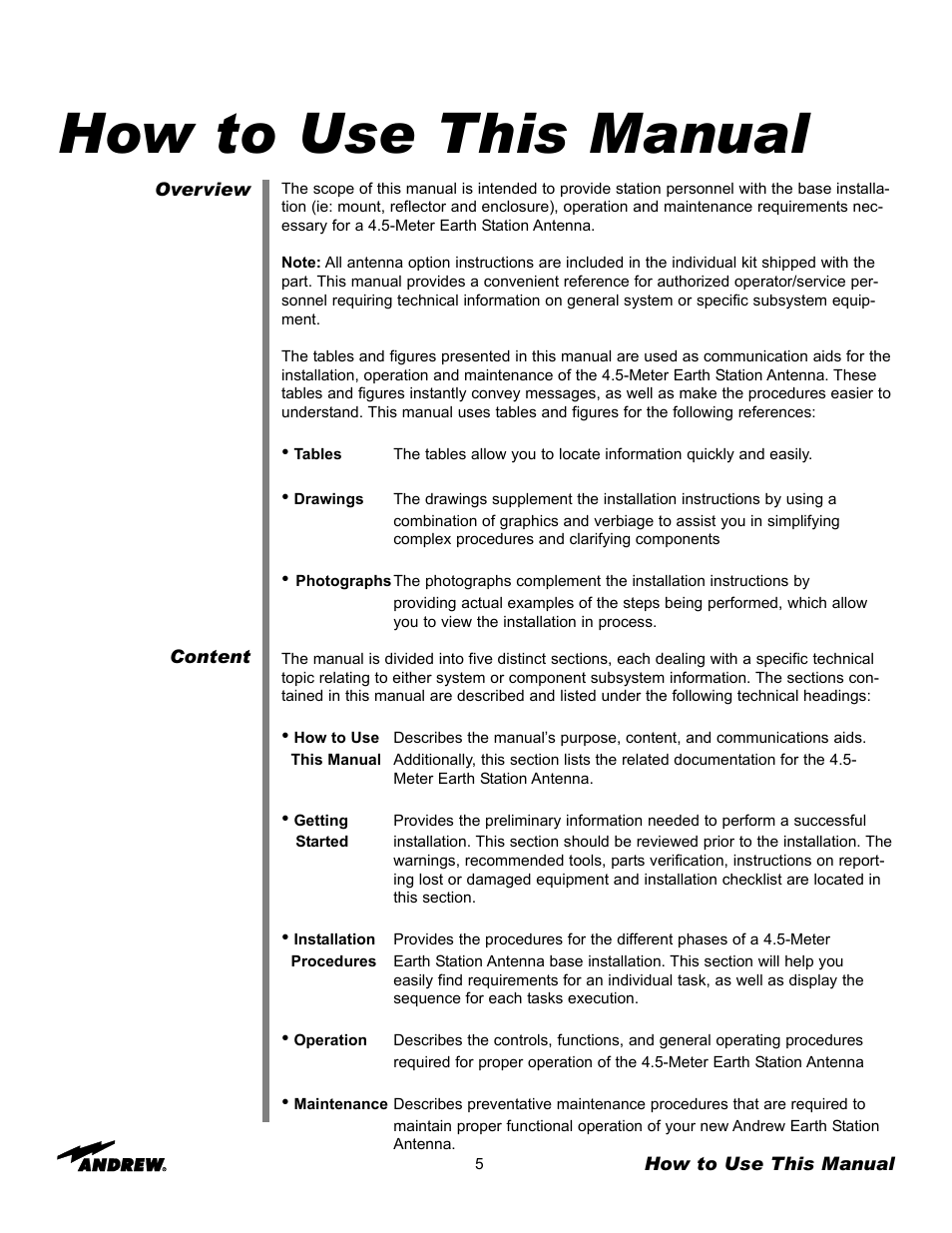 How to use this manual | Andrew ES45T User Manual | Page 5 / 81