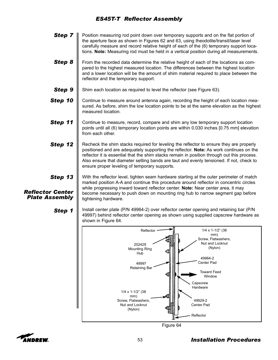 Installation procedures, Es45t-t reflector assembly | Andrew ES45T User Manual | Page 53 / 81