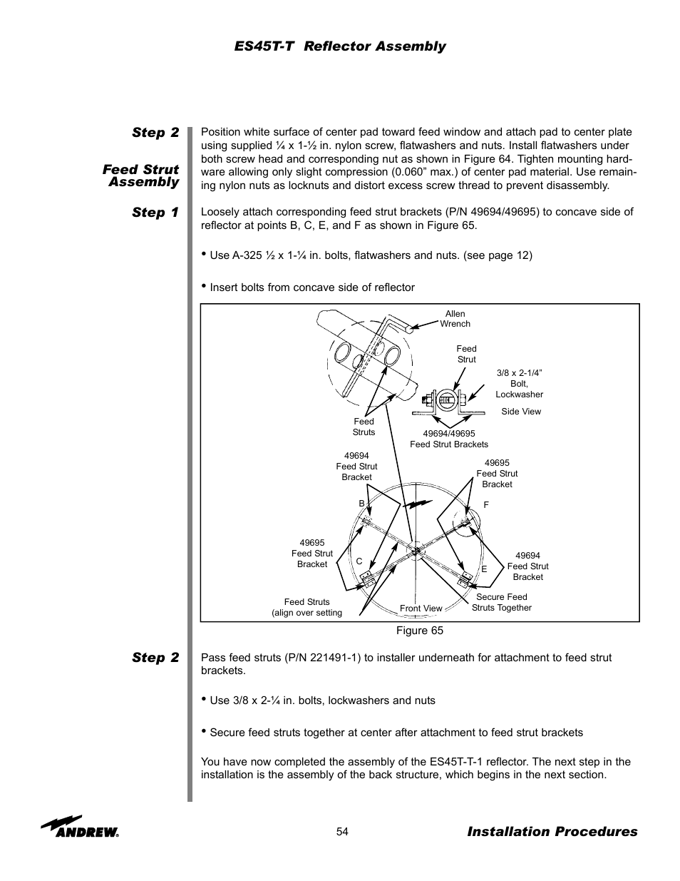 Step 2 feed strut assembly step 1 step 2, Installation procedures, Es45t-t reflector assembly | Andrew ES45T User Manual | Page 54 / 81