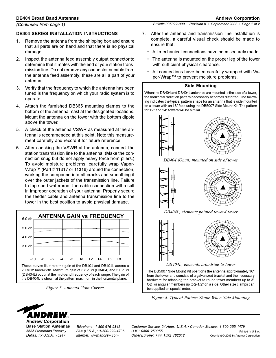 Antenna gain vs frequency | Andrew DB404 User Manual | Page 2 / 2