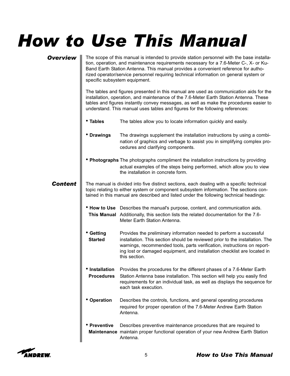 How to use this manual | Andrew 7.6-Meter ESA User Manual | Page 5 / 69