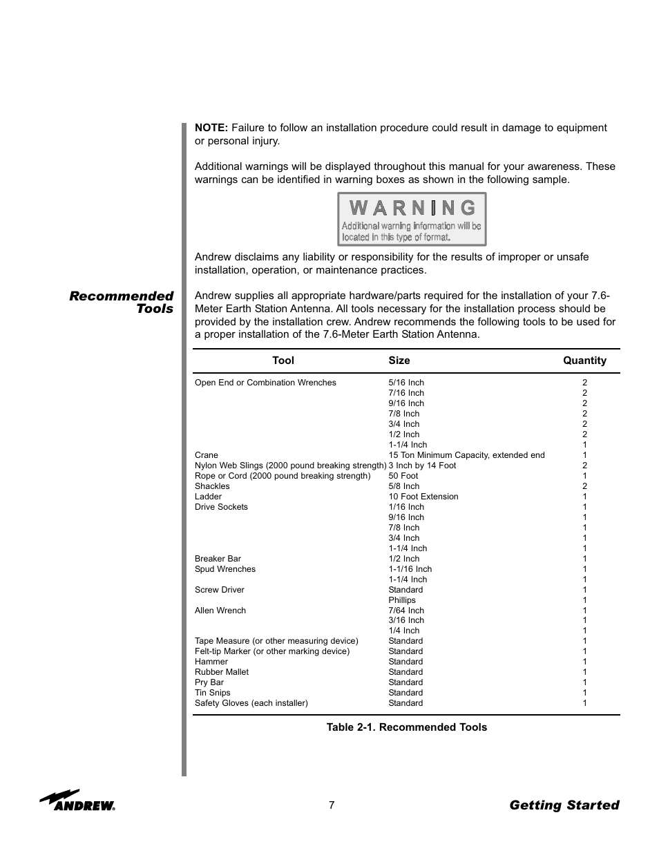 Recommended tools, Getting started | Andrew 7.6-Meter ESA User Manual | Page 7 / 69