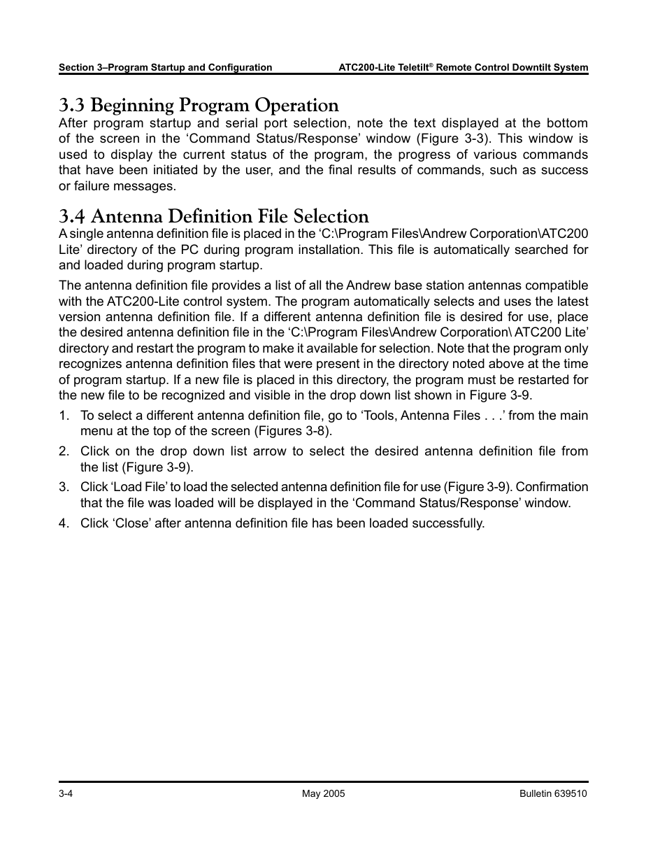3 beginning program operation, 4 antenna definition file selection | Andrew ATC200-Lite User Manual | Page 22 / 66