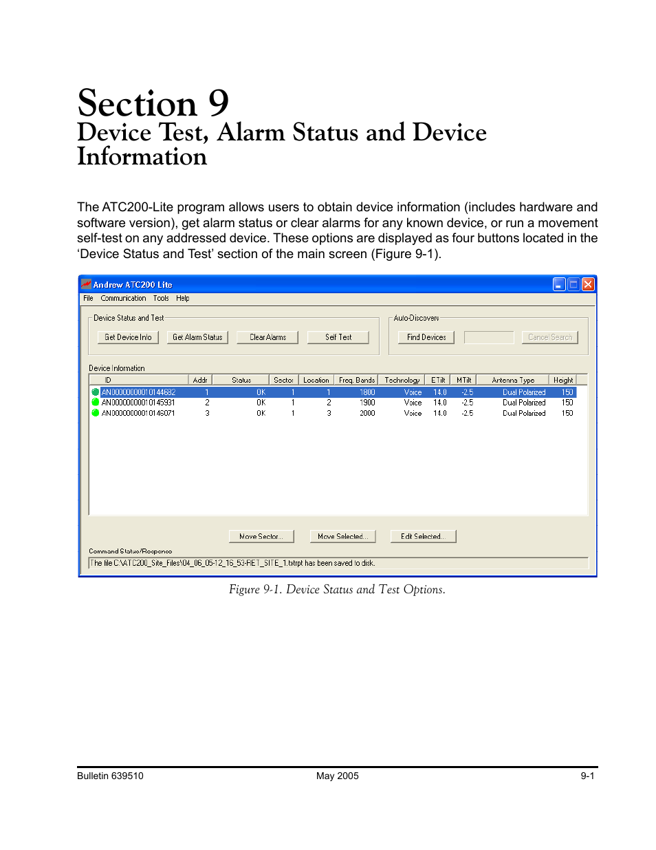 Device test, alarm status and device information | Andrew ATC200-Lite User Manual | Page 55 / 66