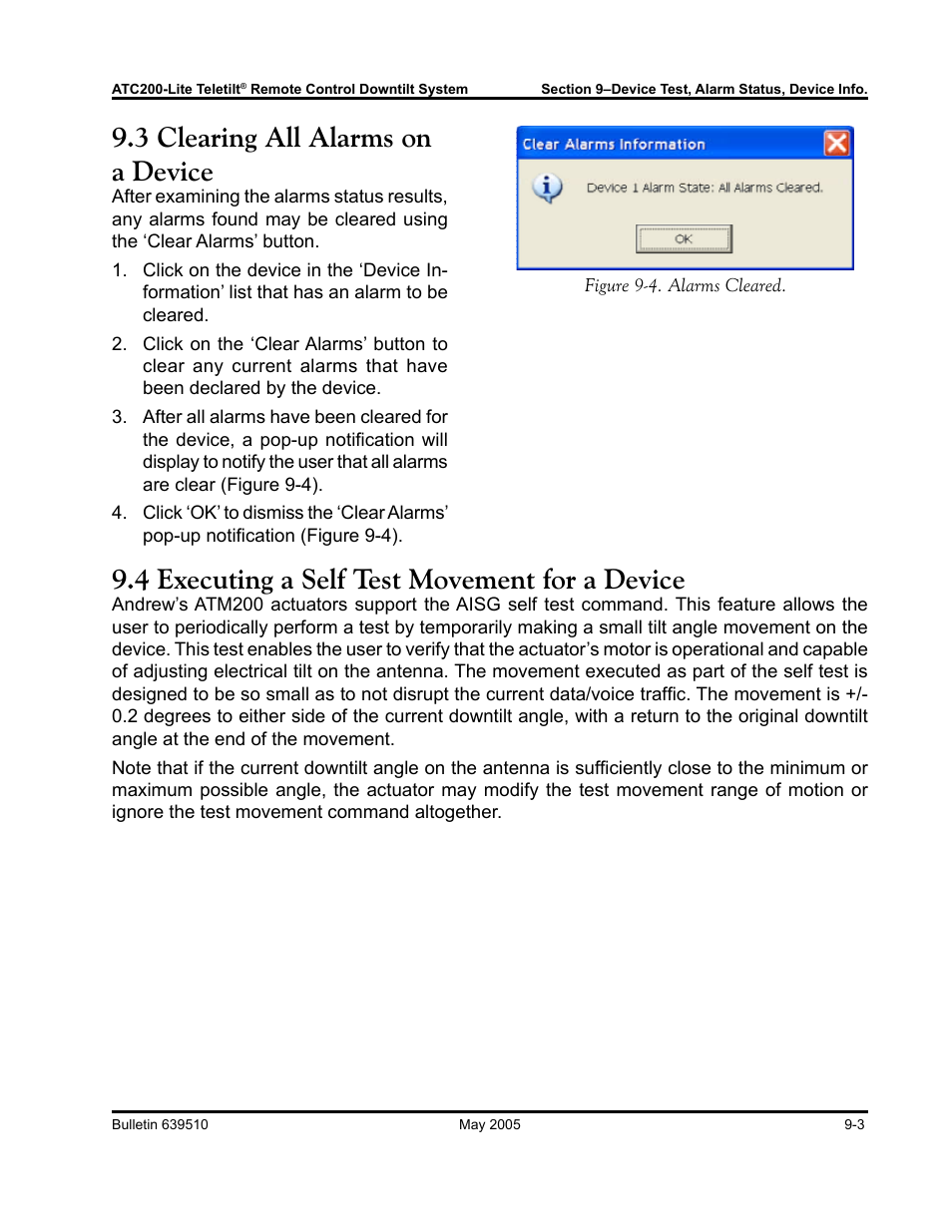 3 clearing all alarms on a device, 4 executing a self test movement for a device | Andrew ATC200-Lite User Manual | Page 57 / 66